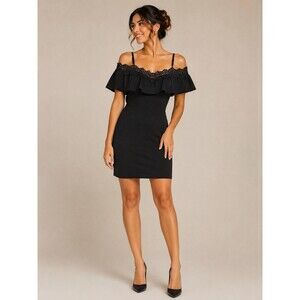 BCX Womens Size 5 Black Off Shoulder Dress Lace Ruffle Bodycon Mini Party